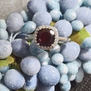 Sterling Genuine Garnet & CZ Halo Ring